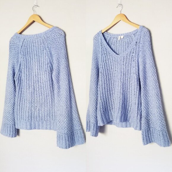 Anthropologie Moth Chunky Knit Mohair Wool Blend Sweater S Periwinkle Blue VNeck - Picture 1 of 16
